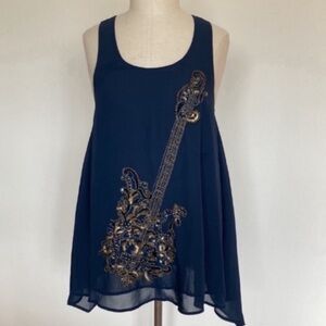 Navy blue sleeveless top, guitar sequins and beads, marked M but fits S